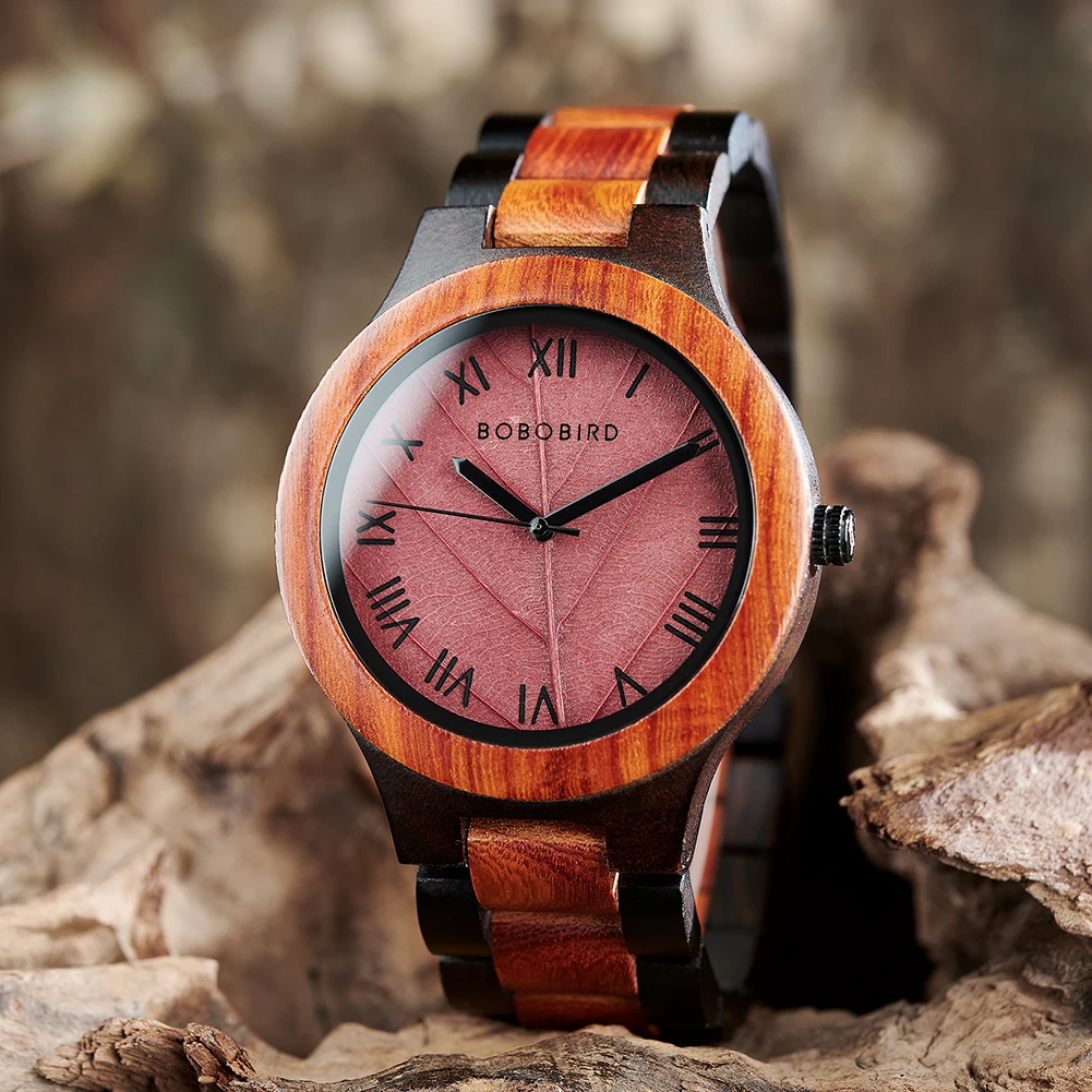 BOBO BIRD Wooden Men Watches Handmade Leaf Dial Custom Blessing Natural Wristwatch Distinctive Wooden Gift Support Dropshipping