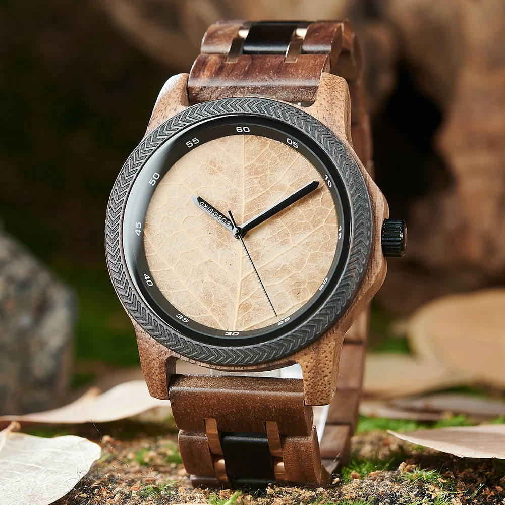 BOBO BIRD Wooden Men Watches Handmade Leaf Dial Custom Blessing Natural Wristwatch Distinctive Wooden Gift Support Dropshipping