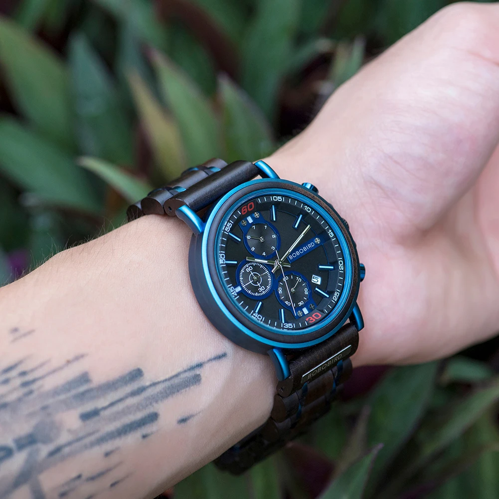 Customize Logo Name Men Wood Watches BOBO BIRD Fashion Calendar Stopwatch Personalized Quartz Wristwatches Gift Dropshipping