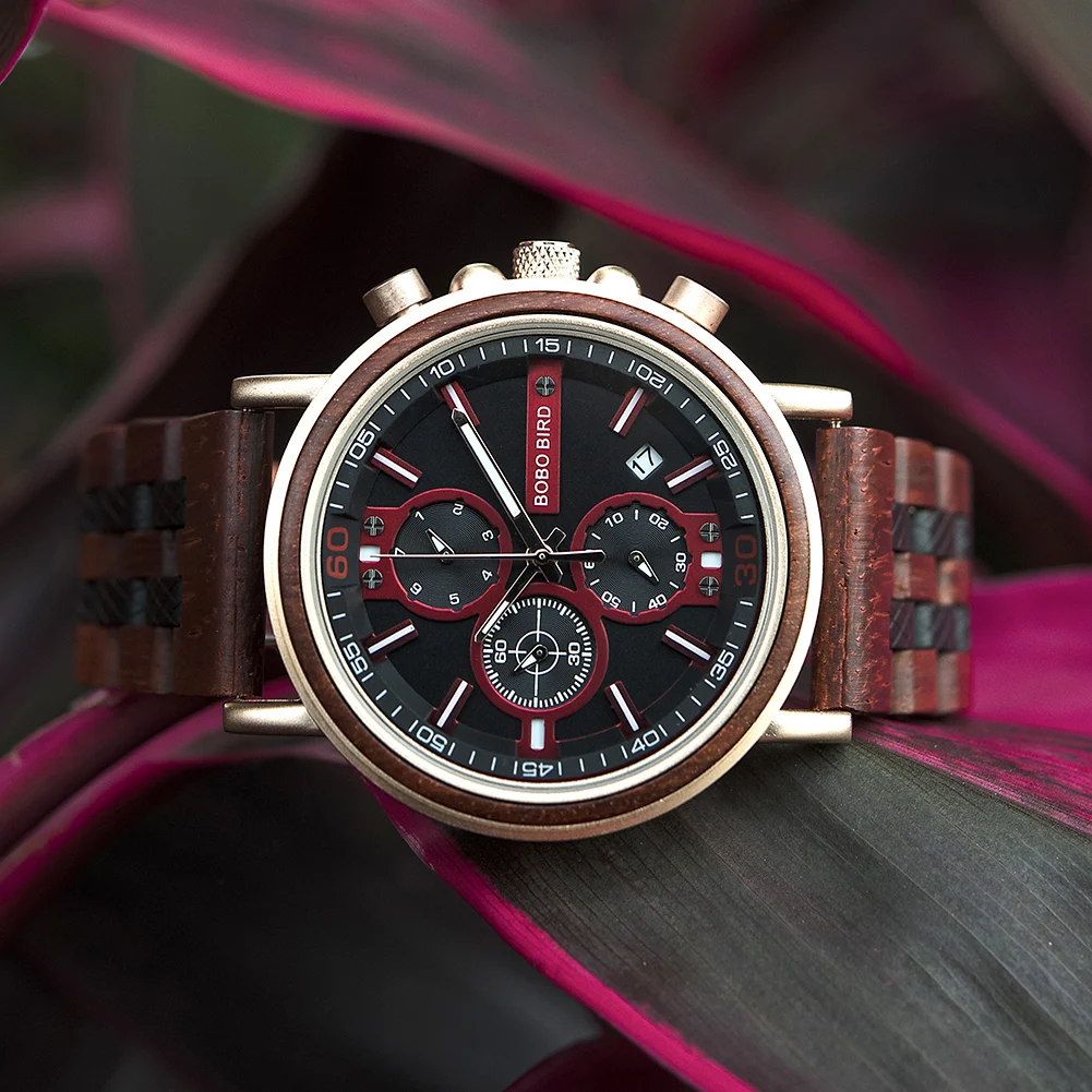 Customize Logo Name Men Wood Watches BOBO BIRD Fashion Calendar Stopwatch Personalized Quartz Wristwatches Gift Dropshipping