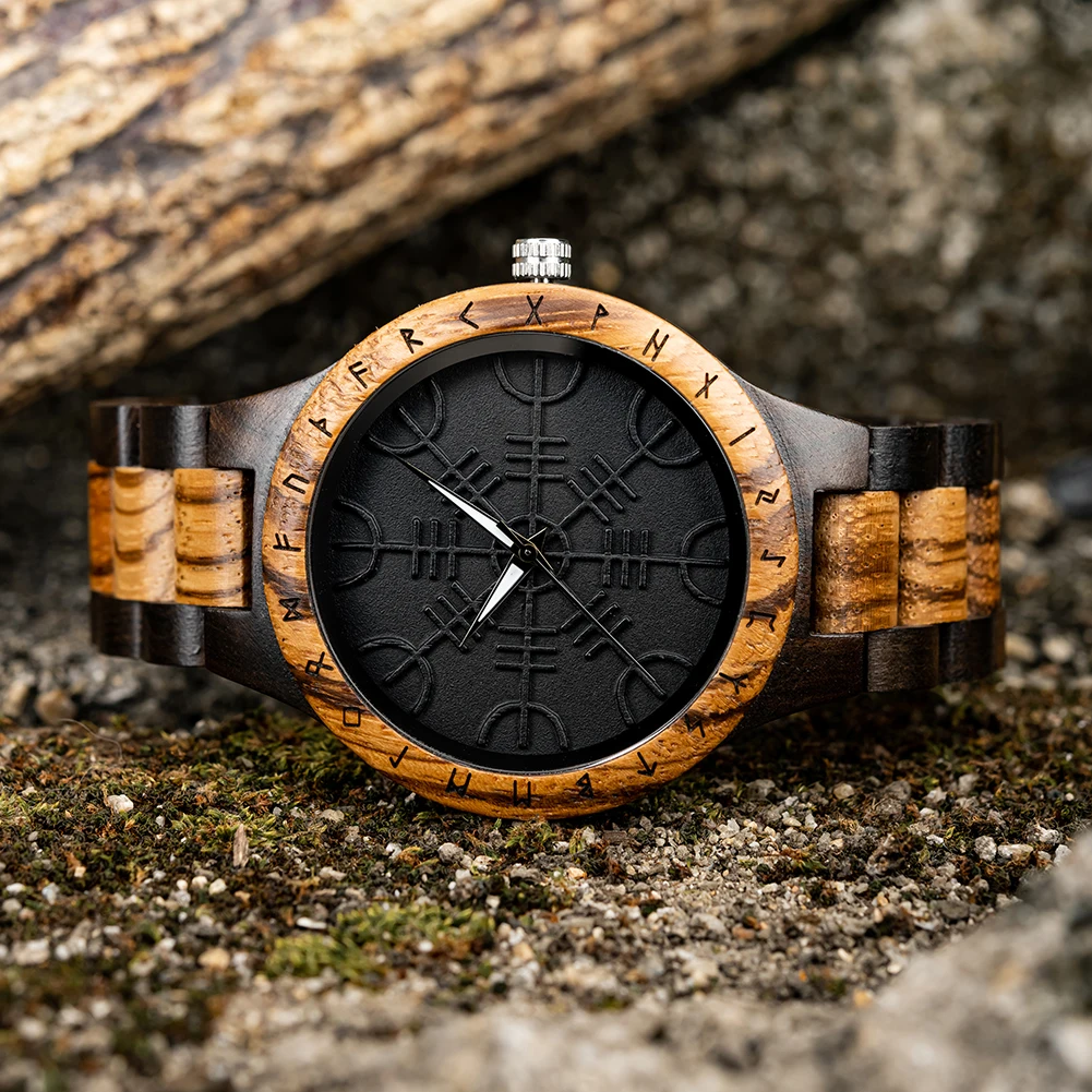 BOBO BIRD Watches For Man Viking Odin Rune Men Quartz Wristwatches Cultural Totem Dail With Wooden Strap Reloj De Hombre