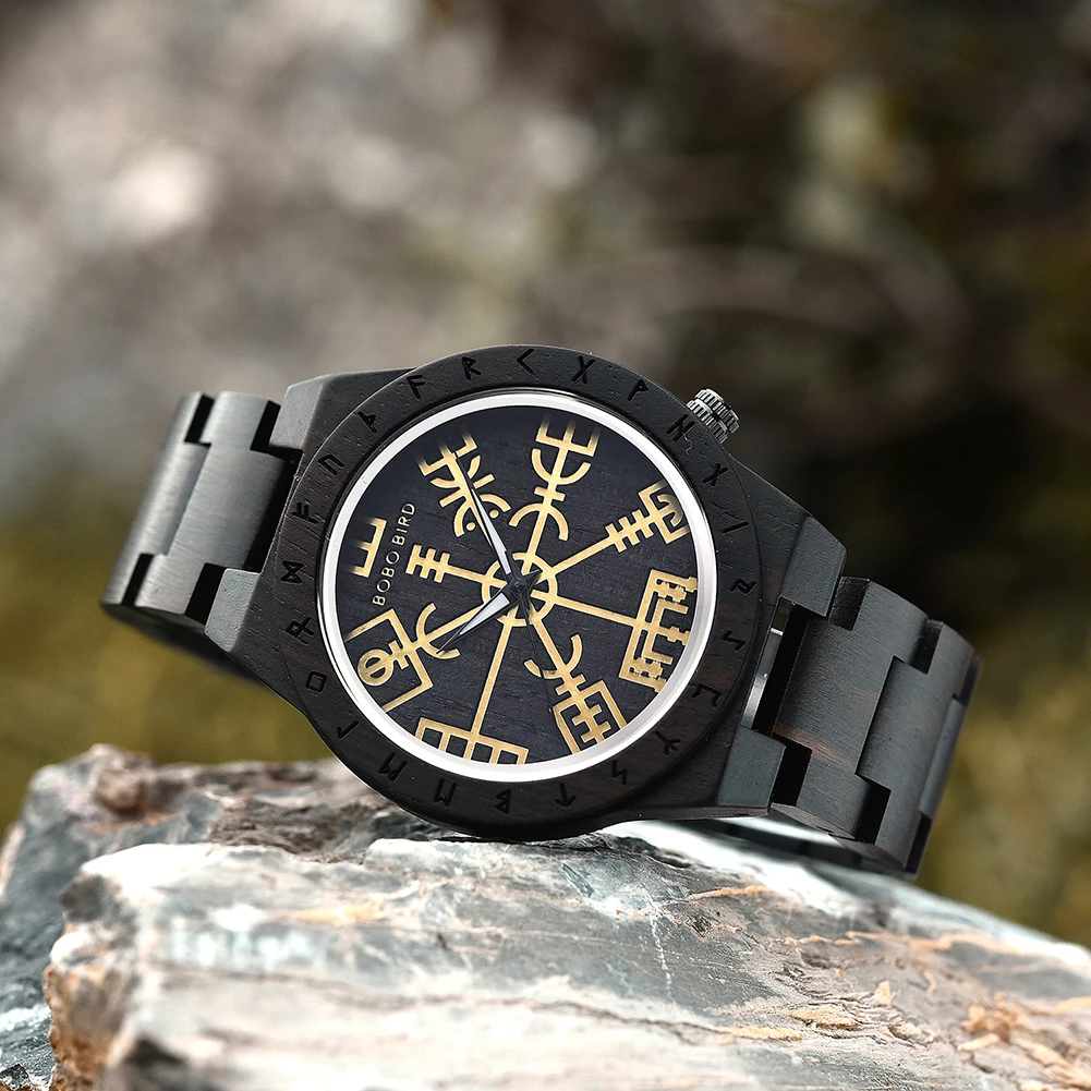 BOBO BIRD Watches For Man Viking Odin Rune Men Quartz Wristwatches Cultural Totem Dail With Wooden Strap Reloj De Hombre