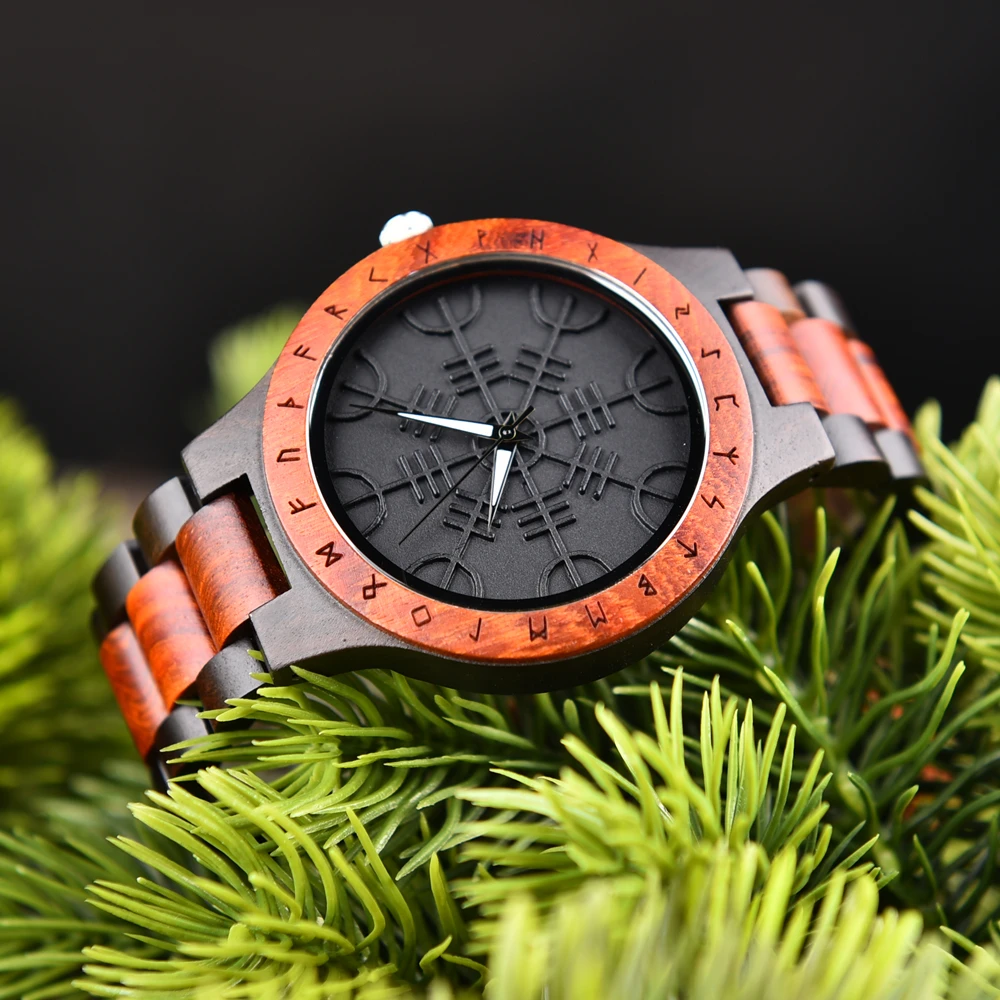BOBO BIRD Watches For Man Viking Odin Rune Men Quartz Wristwatches Cultural Totem Dail With Wooden Strap Reloj De Hombre