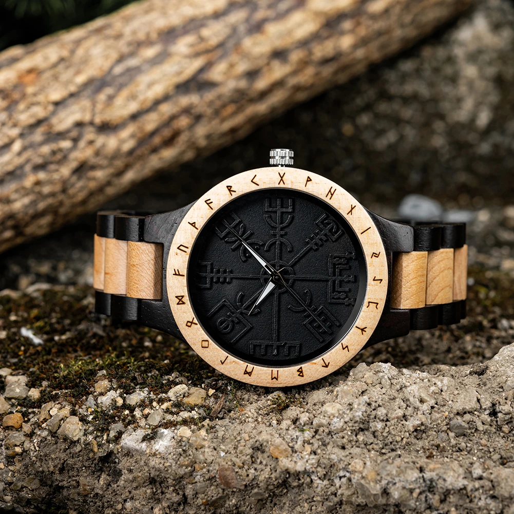 BOBO BIRD Watches For Man Viking Odin Rune Men Quartz Wristwatches Cultural Totem Dail With Wooden Strap Reloj De Hombre