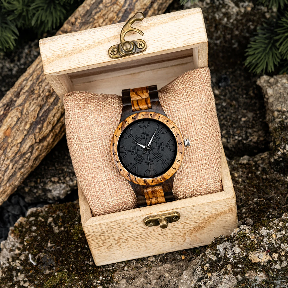 BOBO BIRD Watches For Man Viking Odin Rune Men Quartz Wristwatches Cultural Totem Dail With Wooden Strap Reloj De Hombre