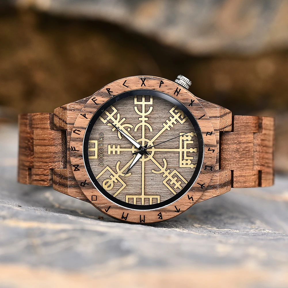 BOBO BIRD Watches For Man Viking Odin Rune Men Quartz Wristwatches Cultural Totem Dail With Wooden Strap Reloj De Hombre