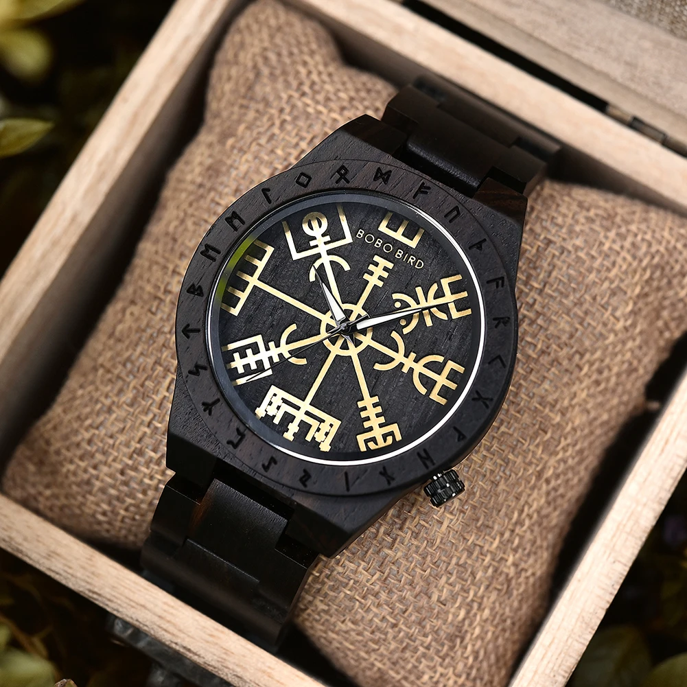 BOBO BIRD Watches For Man Viking Odin Rune Men Quartz Wristwatches Cultural Totem Dail With Wooden Strap Reloj De Hombre