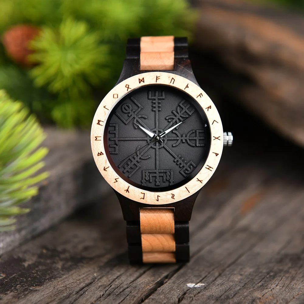 BOBO BIRD Watches For Man Viking Odin Rune Men Quartz Wristwatches Cultural Totem Dail With Wooden Strap Reloj De Hombre