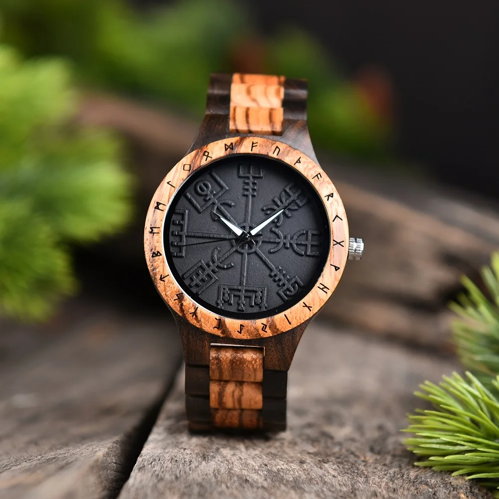 BOBO BIRD Watches For Man Viking Odin Rune Men Quartz Wristwatches Cultural Totem Dail With Wooden Strap Reloj De Hombre
