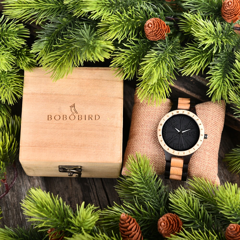 BOBO BIRD Watches For Man Viking Odin Rune Men Quartz Wristwatches Cultural Totem Dail With Wooden Strap Reloj De Hombre