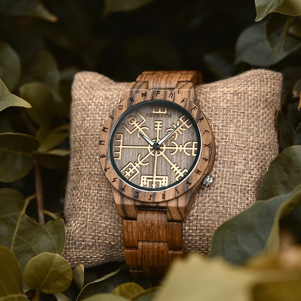 BOBO BIRD Watches For Man Viking Odin Rune Men Quartz Wristwatches Cultural Totem Dail With Wooden Strap Reloj De Hombre