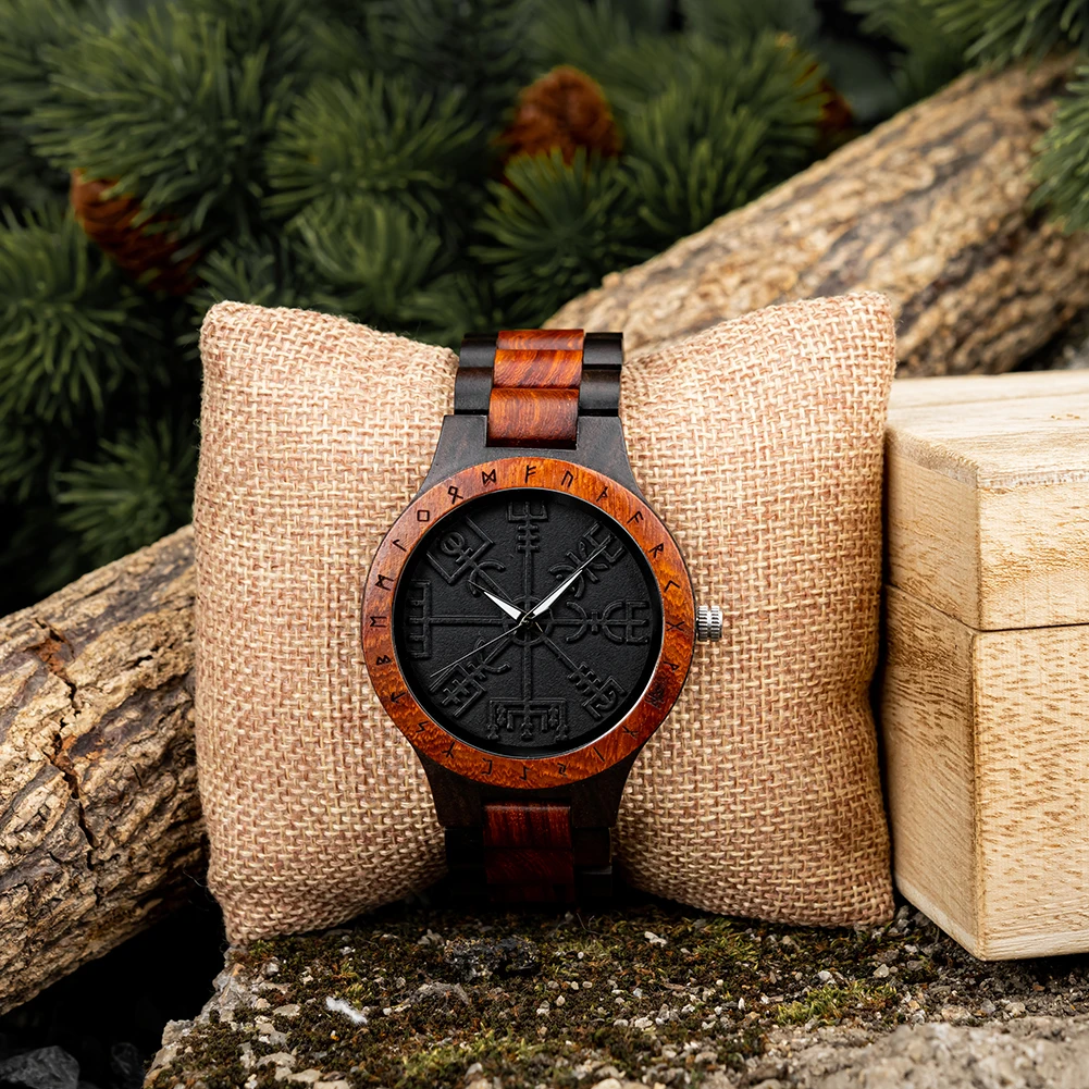 BOBO BIRD Watches For Man Viking Odin Rune Men Quartz Wristwatches Cultural Totem Dail With Wooden Strap Reloj De Hombre