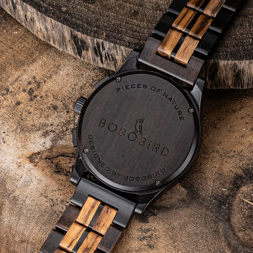 BOBO BIRD Wood Watch Men Business Quartz Watches Engraved Wooden Chronograph Wristwatch with Date Display Custom Reloj Madera