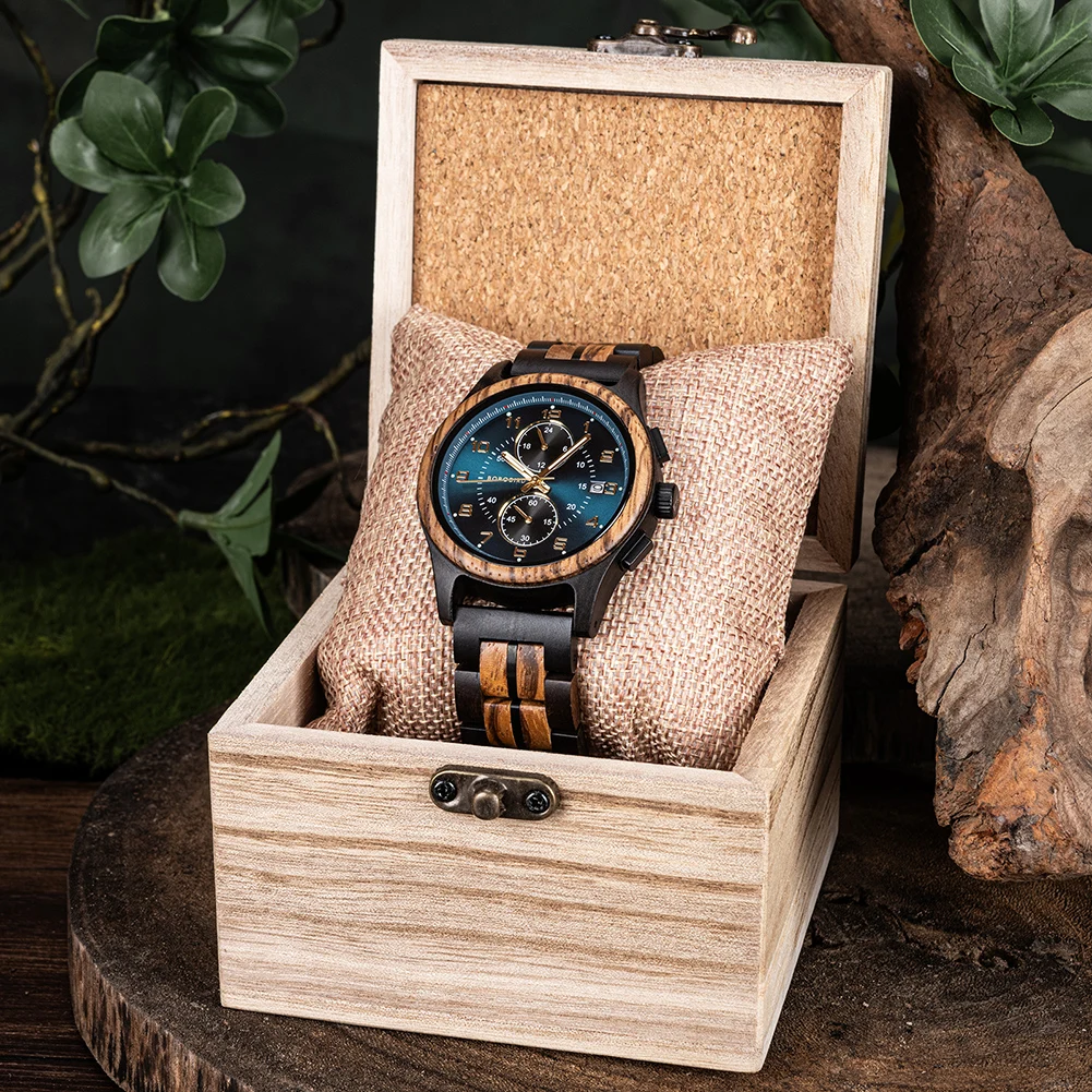 BOBO BIRD Wood Watch Men Business Quartz Watches Engraved Wooden Chronograph Wristwatch with Date Display Custom Reloj Madera