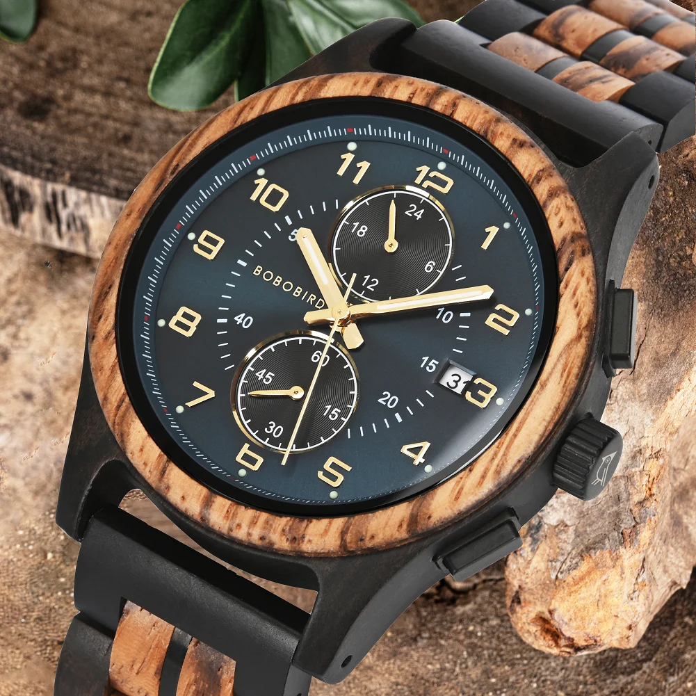 BOBO BIRD Wood Watch Men Business Quartz Watches Engraved Wooden Chronograph Wristwatch with Date Display Custom Reloj Madera