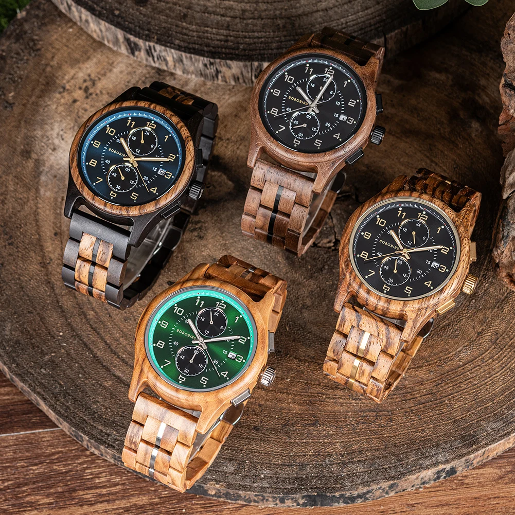 BOBO BIRD Wood Watch Men Business Quartz Watches Engraved Wooden Chronograph Wristwatch with Date Display Custom Reloj Madera