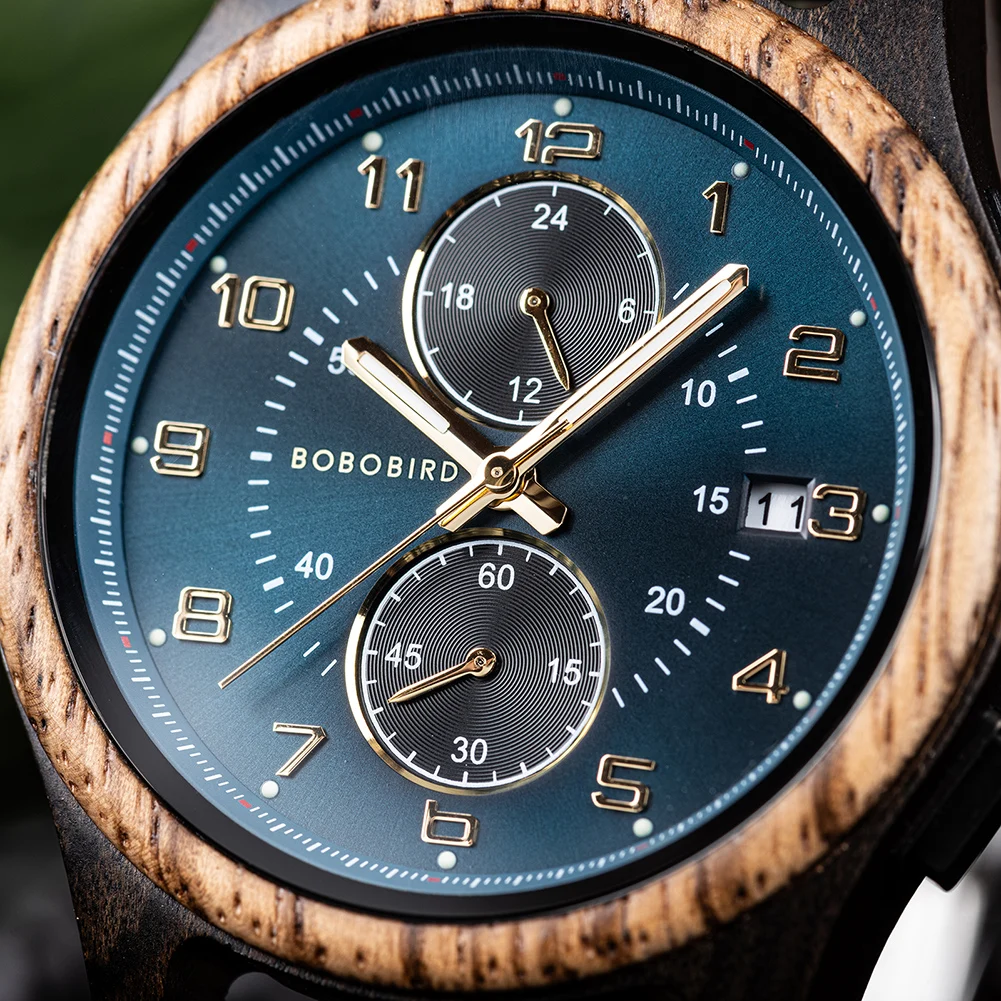 BOBO BIRD Wood Watch Men Business Quartz Watches Engraved Wooden Chronograph Wristwatch with Date Display Custom Reloj Madera