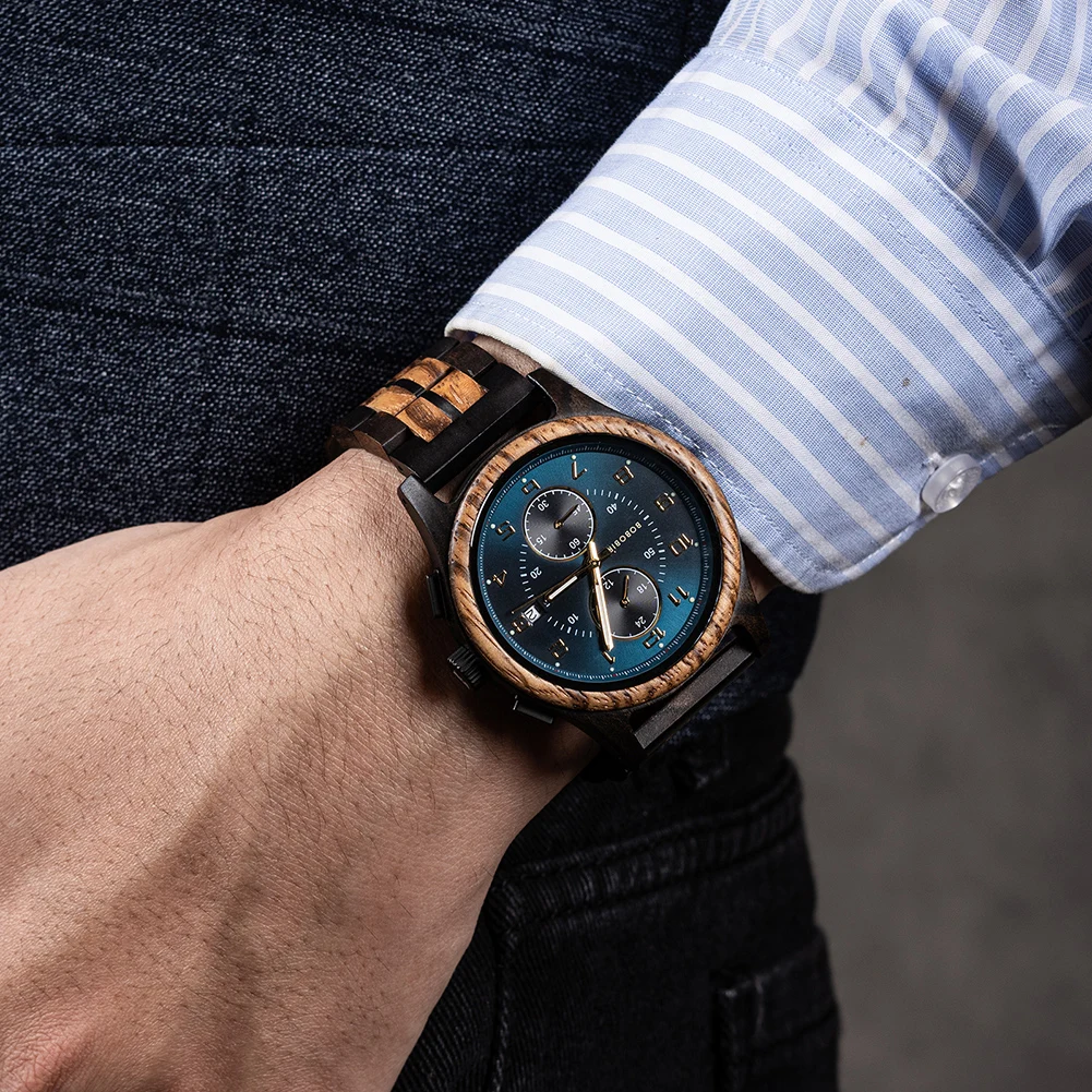 BOBO BIRD Wood Watch Men Business Quartz Watches Engraved Wooden Chronograph Wristwatch with Date Display Custom Reloj Madera