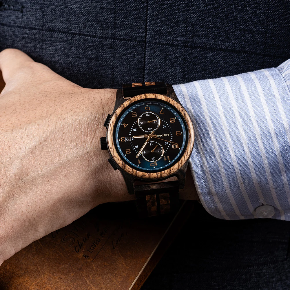 BOBO BIRD Wood Watch Men Business Quartz Watches Engraved Wooden Chronograph Wristwatch with Date Display Custom Reloj Madera