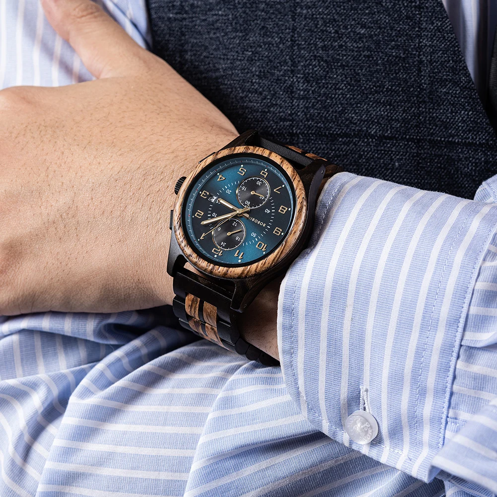 BOBO BIRD Wood Watch Men Business Quartz Watches Engraved Wooden Chronograph Wristwatch with Date Display Custom Reloj Madera