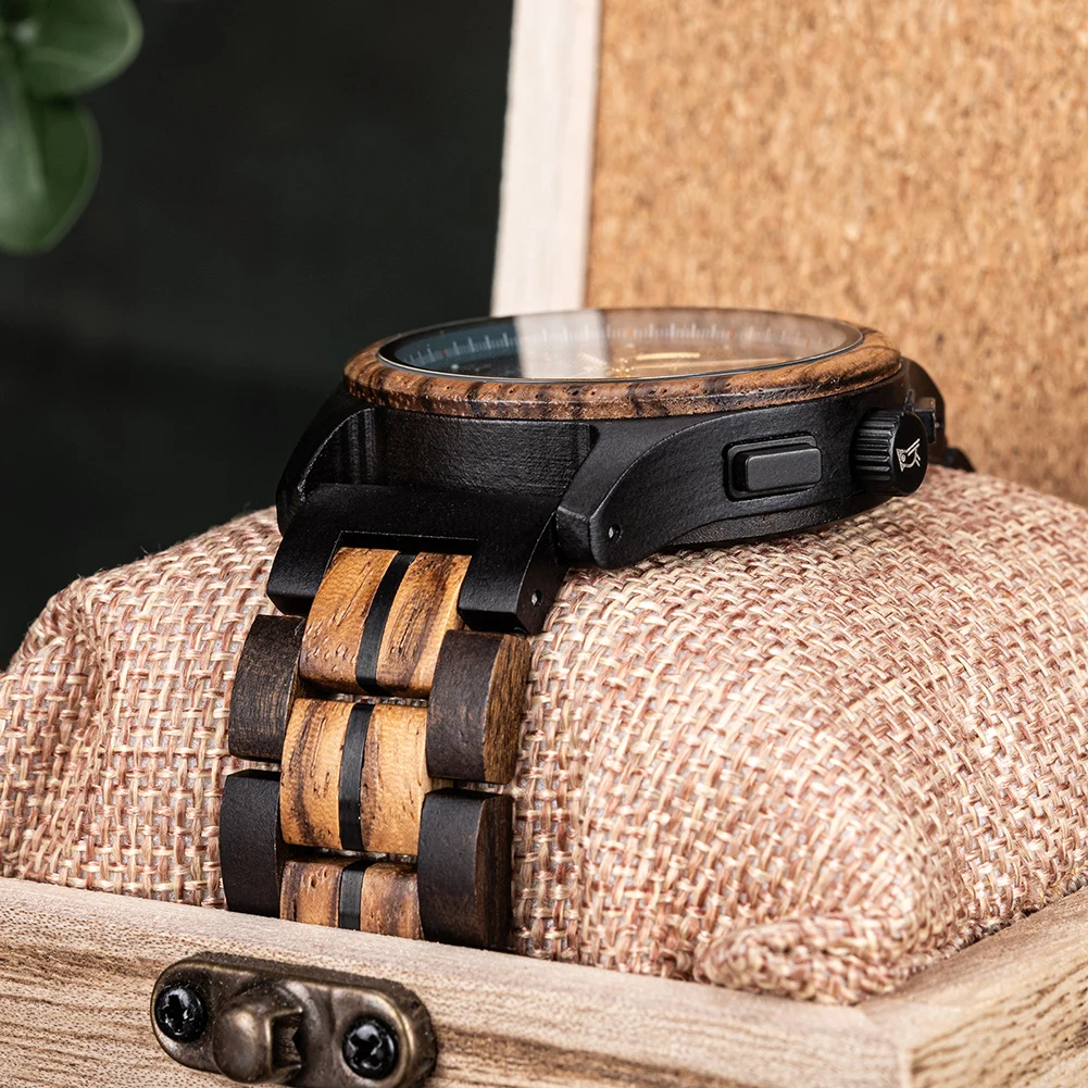 BOBO BIRD Wood Watch Men Business Quartz Watches Engraved Wooden Chronograph Wristwatch with Date Display Custom Reloj Madera