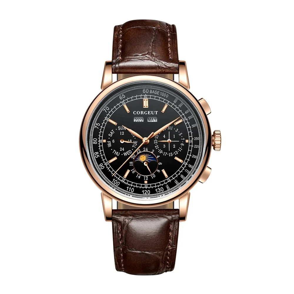 CORGEUT 41mm Business 316L Leather Mineral Glass Automatic Mechanical Men Watches Year Date Week Watch for Man Reloj Accessories