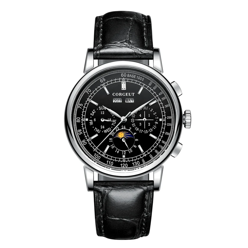 CORGEUT 41mm Business 316L Leather Mineral Glass Automatic Mechanical Men Watches Year Date Week Watch for Man Reloj Accessories