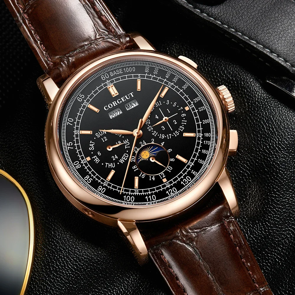 CORGEUT 41mm Business 316L Leather Mineral Glass Automatic Mechanical Men Watches Year Date Week Watch for Man Reloj Accessories