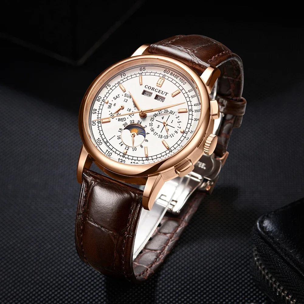 CORGEUT 41mm Business 316L Leather Mineral Glass Automatic Mechanical Men Watches Year Date Week Watch for Man Reloj Accessories