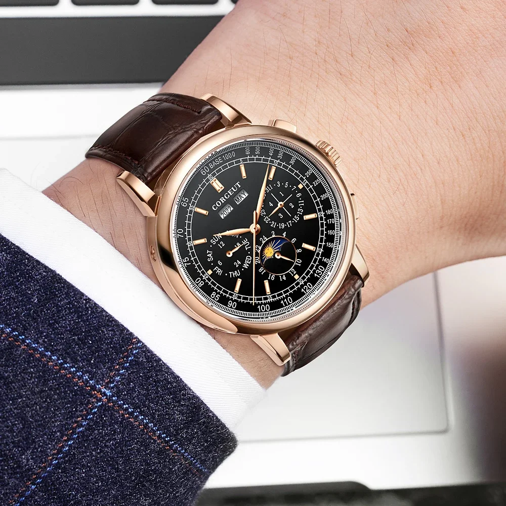 CORGEUT 41mm Business 316L Leather Mineral Glass Automatic Mechanical Men Watches Year Date Week Watch for Man Reloj Accessories