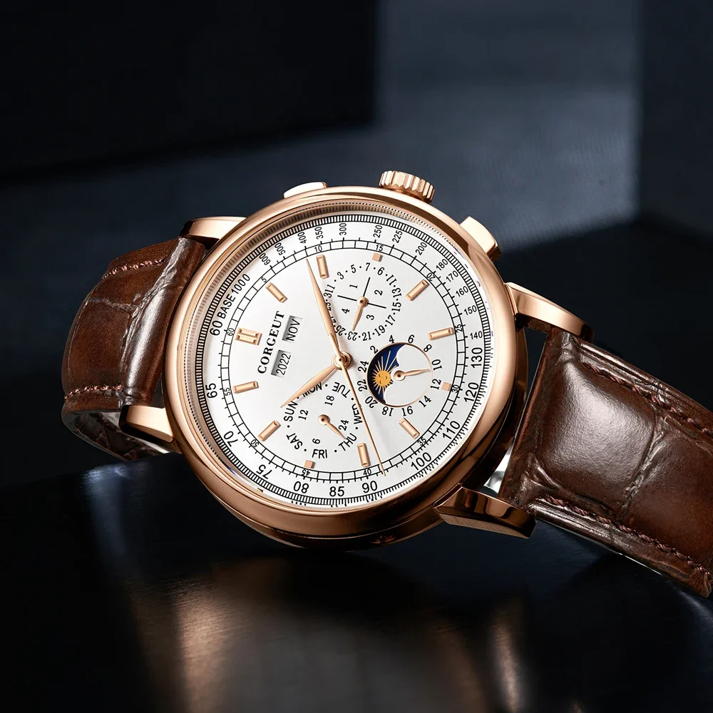 CORGEUT 41mm Business 316L Leather Mineral Glass Automatic Mechanical Men Watches Year Date Week Watch for Man Reloj Accessories