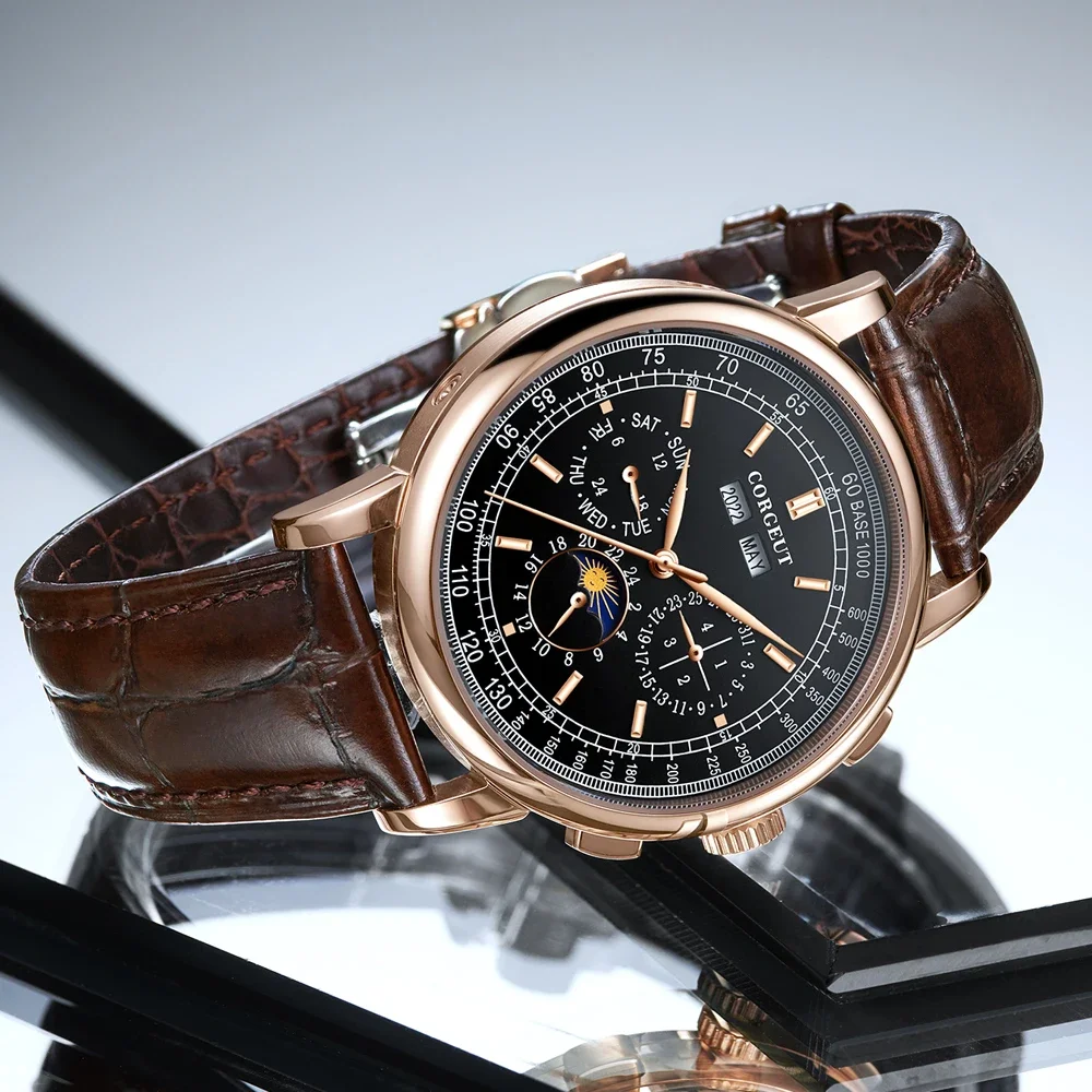 CORGEUT 41mm Business 316L Leather Mineral Glass Automatic Mechanical Men Watches Year Date Week Watch for Man Reloj Accessories