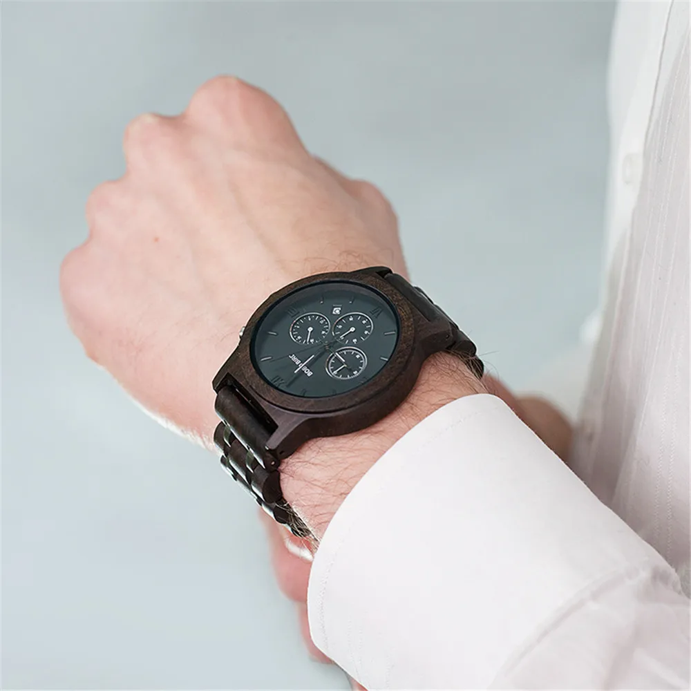 Custom Wood Watch BOBOBIRD Personalized Name Brand BOBOBIRD Chronograph Military Quartz Wristwatch With Wooden Box Dropshipping