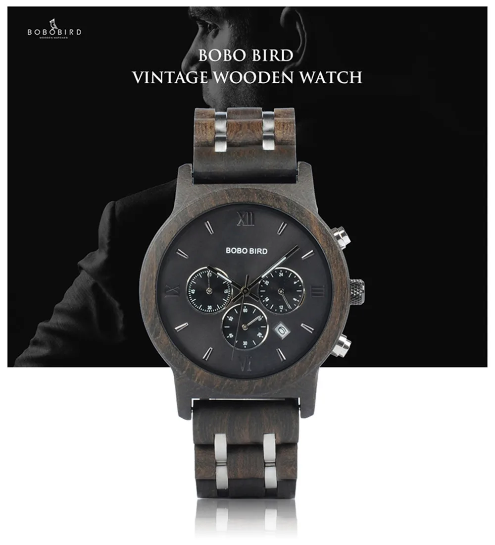 Custom Wood Watch BOBOBIRD Personalized Name Brand BOBOBIRD Chronograph Military Quartz Wristwatch With Wooden Box Dropshipping