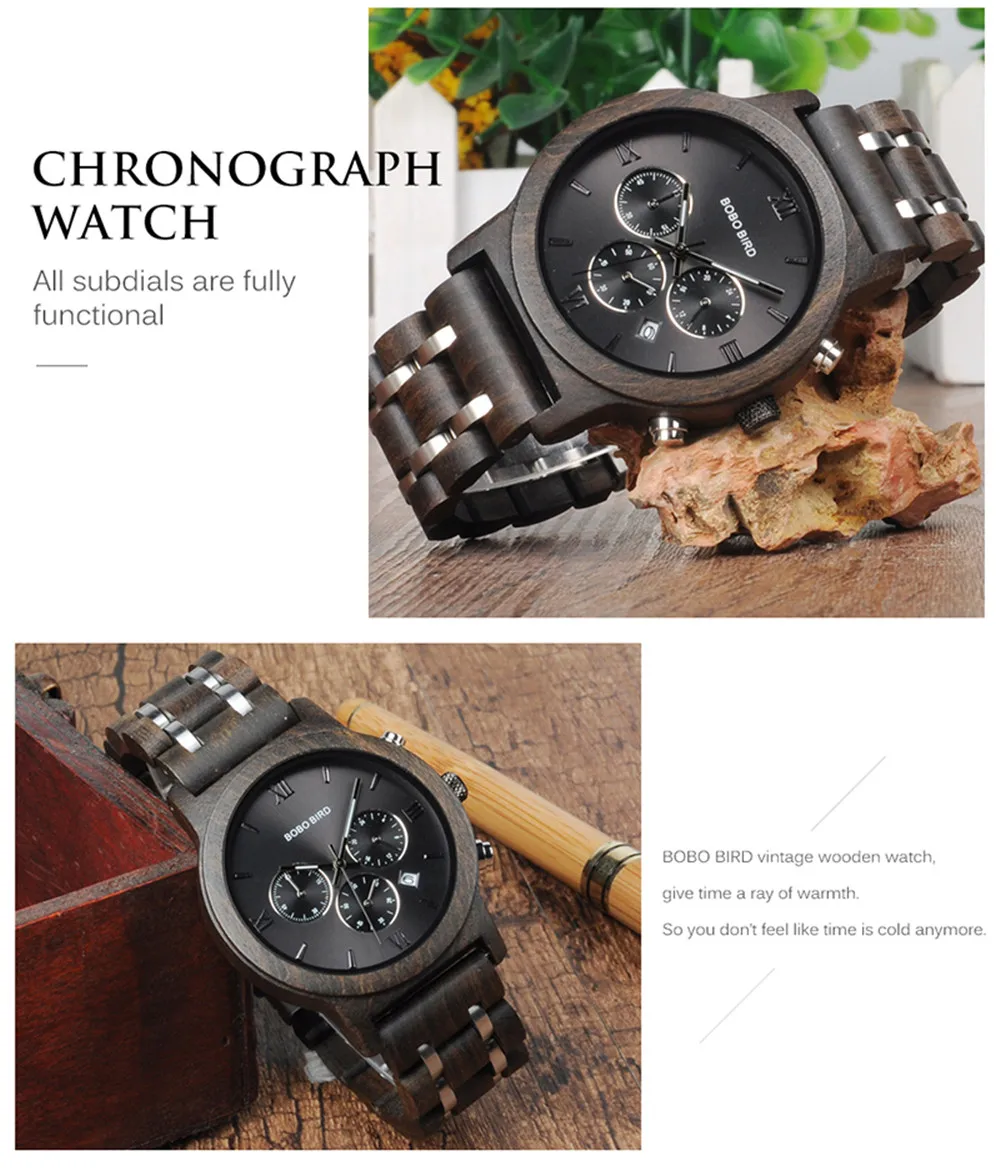 Custom Wood Watch BOBOBIRD Personalized Name Brand BOBOBIRD Chronograph Military Quartz Wristwatch With Wooden Box Dropshipping