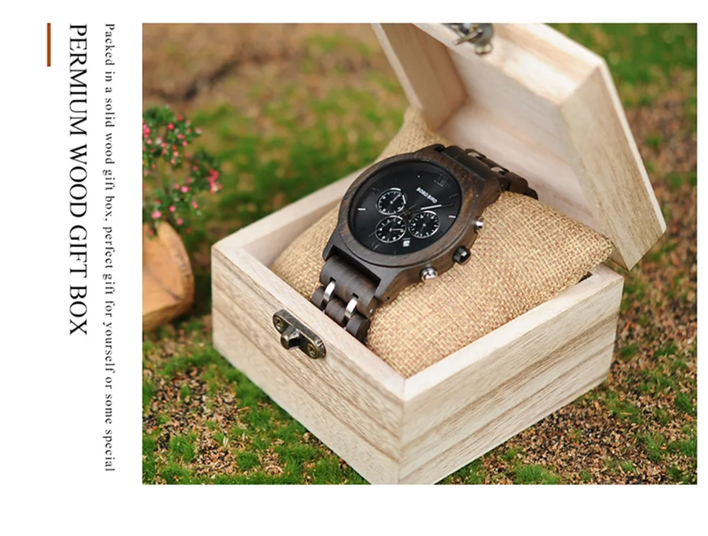 Custom Wood Watch BOBOBIRD Personalized Name Brand BOBOBIRD Chronograph Military Quartz Wristwatch With Wooden Box Dropshipping