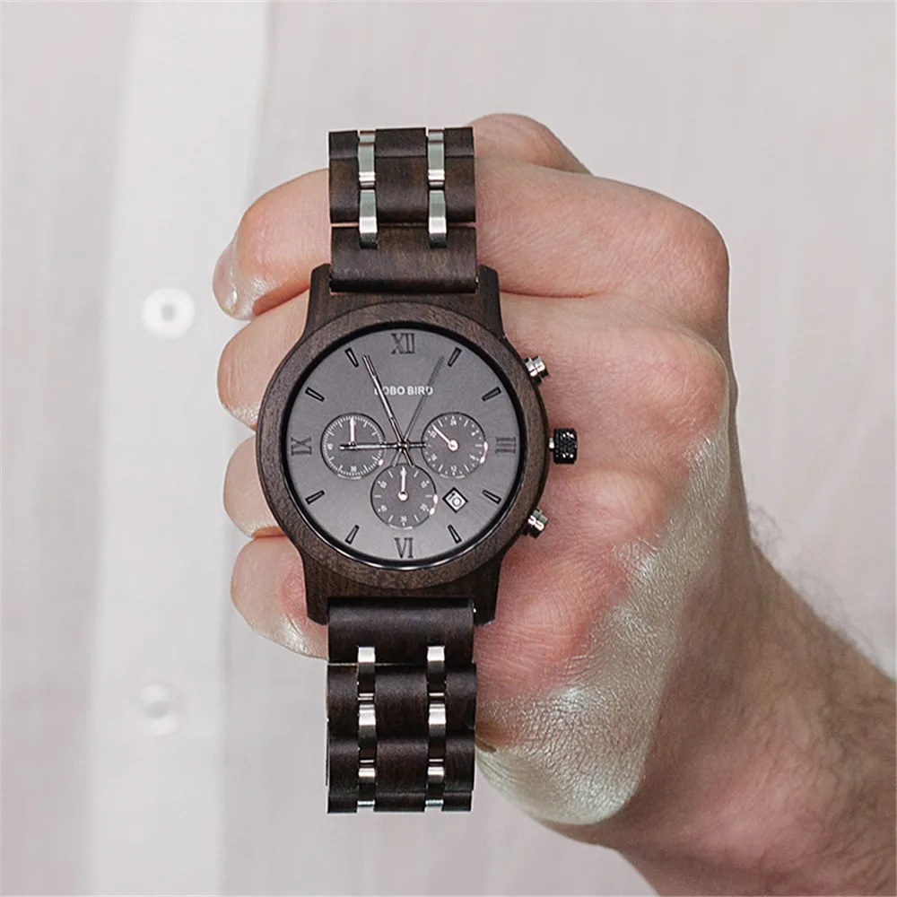 Custom Wood Watch BOBOBIRD Personalized Name Brand BOBOBIRD Chronograph Military Quartz Wristwatch With Wooden Box Dropshipping