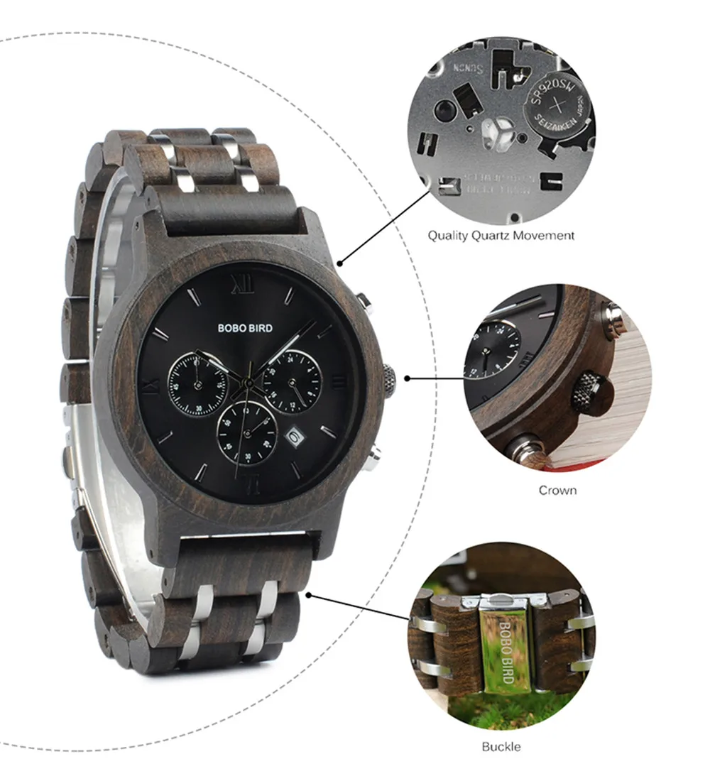 Custom Wood Watch BOBOBIRD Personalized Name Brand BOBOBIRD Chronograph Military Quartz Wristwatch With Wooden Box Dropshipping