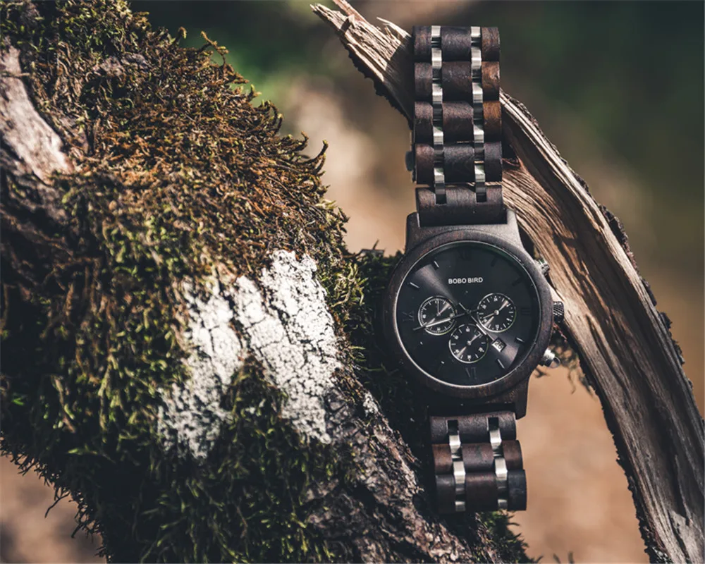 Custom Wood Watch BOBOBIRD Personalized Name Brand BOBOBIRD Chronograph Military Quartz Wristwatch With Wooden Box Dropshipping