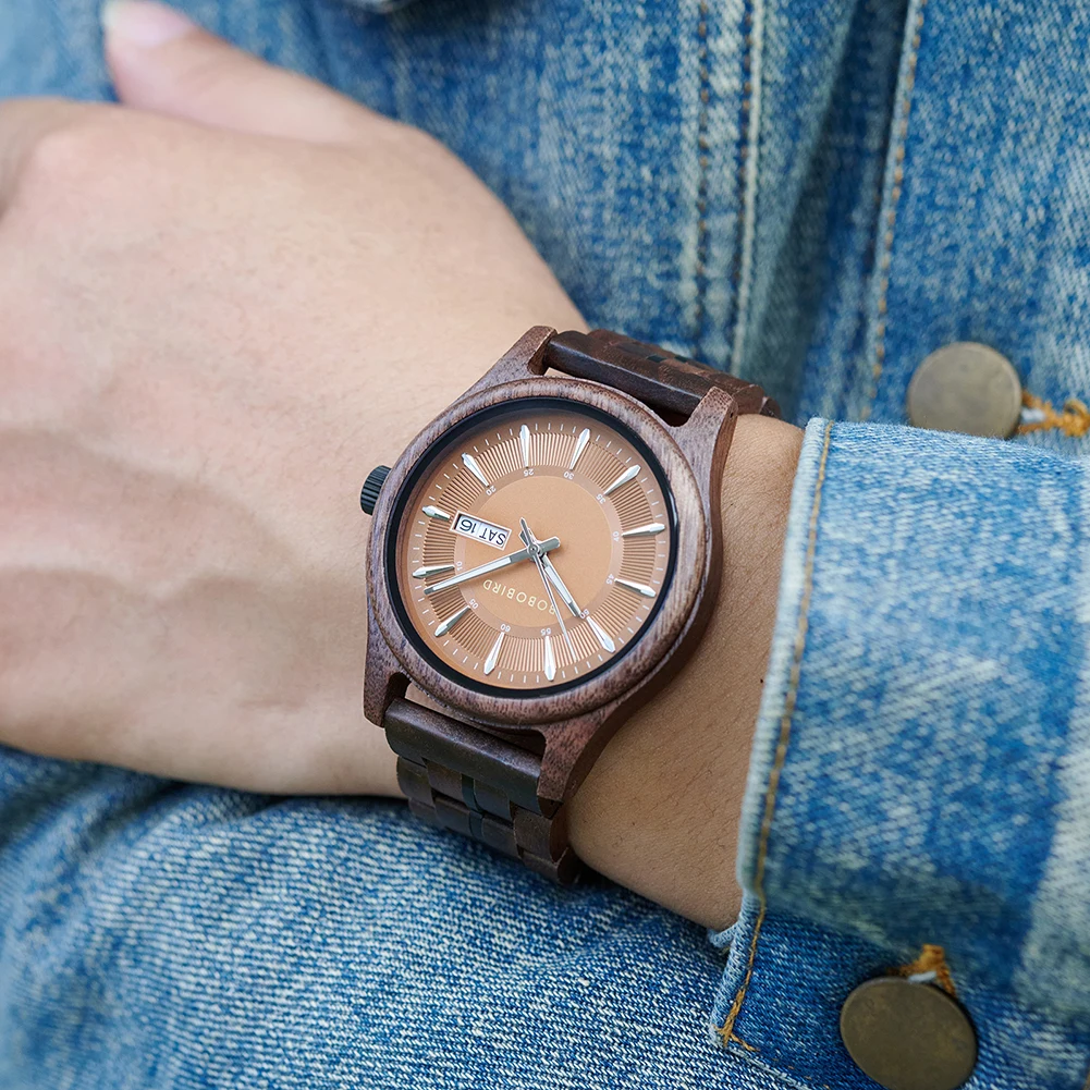 Custom LOGO Wood Watch Fashion Chronograph Quartz Sports Wristwatch Clock BOBO BIRD Walnut Wooden Watches for Men Dropshipping