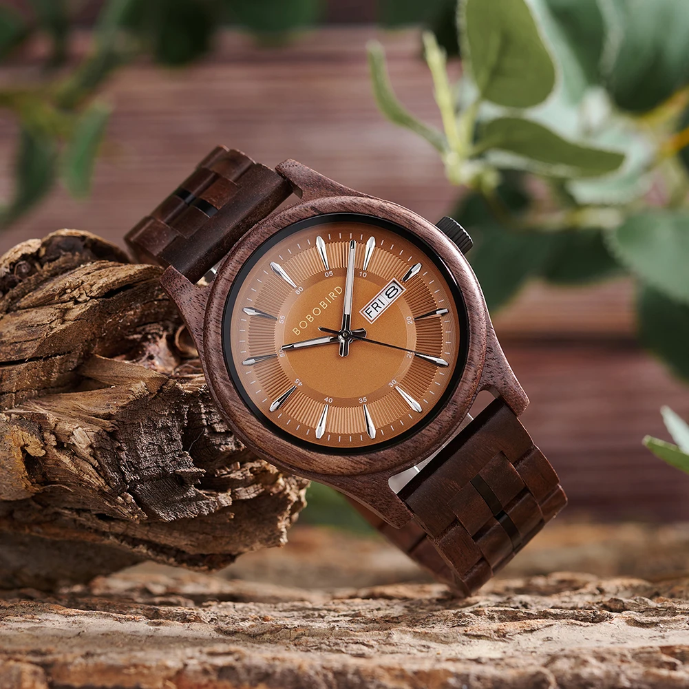 Custom LOGO Wood Watch Fashion Chronograph Quartz Sports Wristwatch Clock BOBO BIRD Walnut Wooden Watches for Men Dropshipping