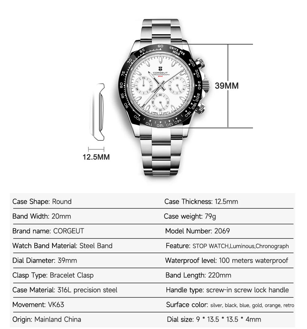 Custom Logo 40MM Luxury VK63 Quartz Men Watch For Man 24 Hours Multifunction Sport Full Chronograph Time Running Second Watches
