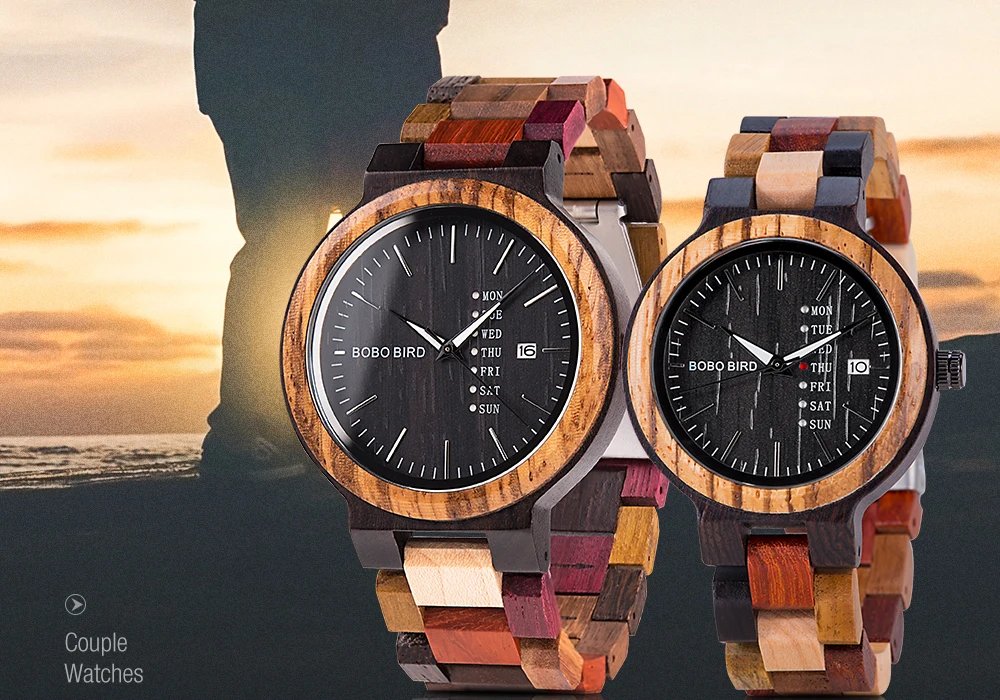 BOBO BIRD Wood Watch Men Women Quartz Week Date Couple Timepiece Colorful Wooden Band Logo Customize Gift Wholesale Dropship
