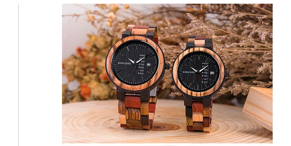 BOBO BIRD Wood Watch Men Women Quartz Week Date Couple Timepiece Colorful Wooden Band Logo Customize Gift Wholesale Dropship