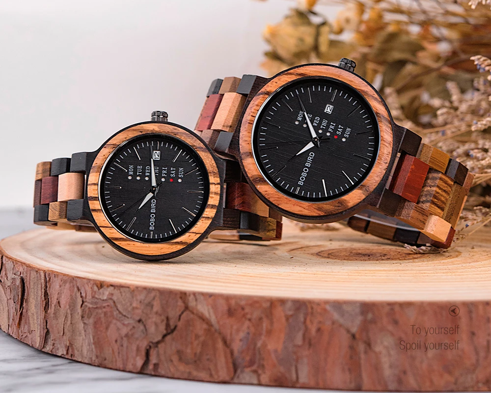 BOBO BIRD Wood Watch Men Women Quartz Week Date Couple Timepiece Colorful Wooden Band Logo Customize Gift Wholesale Dropship