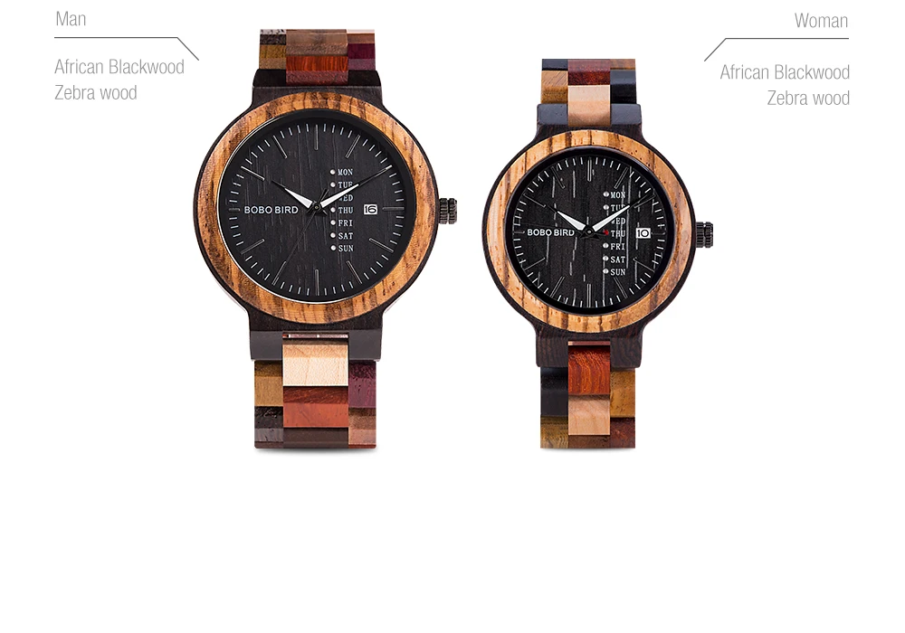 BOBO BIRD Wood Watch Men Women Quartz Week Date Couple Timepiece Colorful Wooden Band Logo Customize Gift Wholesale Dropship