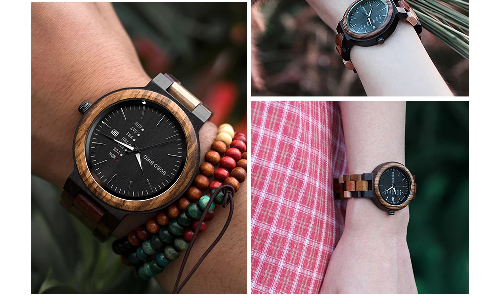 BOBO BIRD Wood Watch Men Women Quartz Week Date Couple Timepiece Colorful Wooden Band Logo Customize Gift Wholesale Dropship