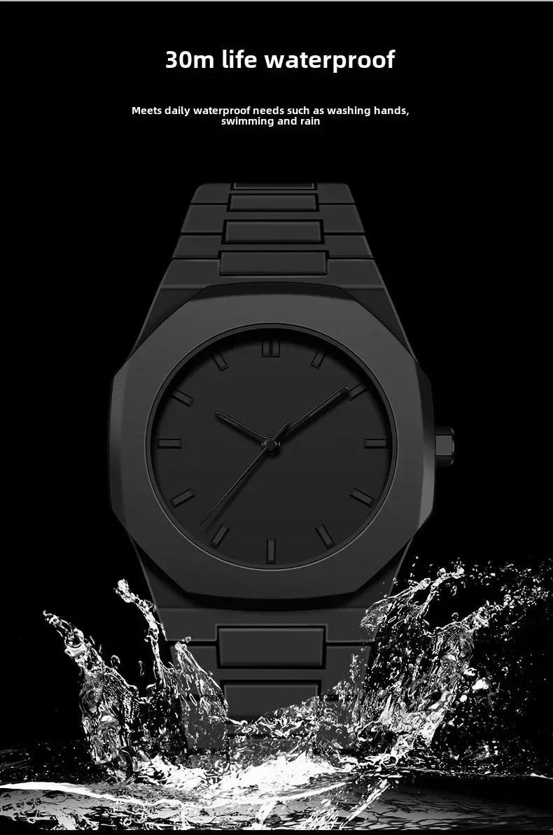 Top New Men's Quartz Watch Casual Waterproof Night Light Square Black Polycarbonate PC Strap Watch Box Customizable
