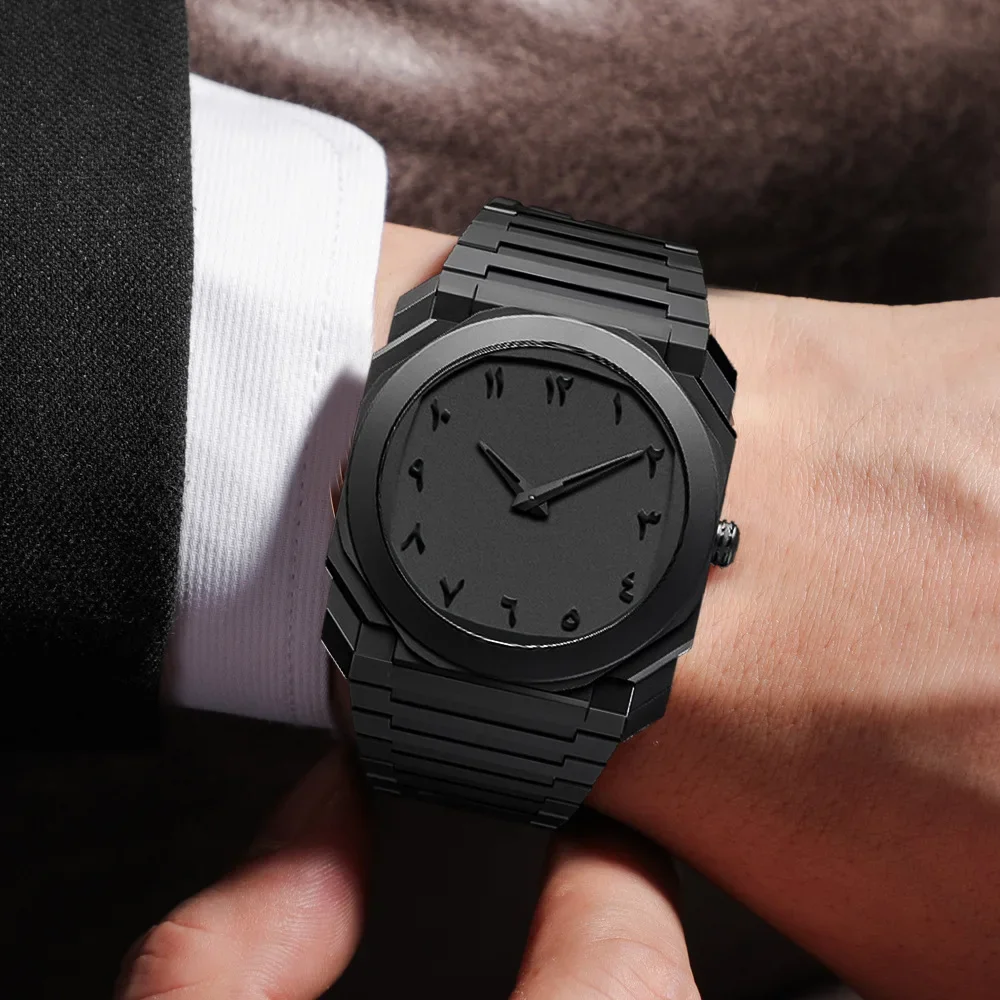 Top New Men's Quartz Watch Casual Waterproof Night Light Square Black Polycarbonate PC Strap Watch Box Customizable