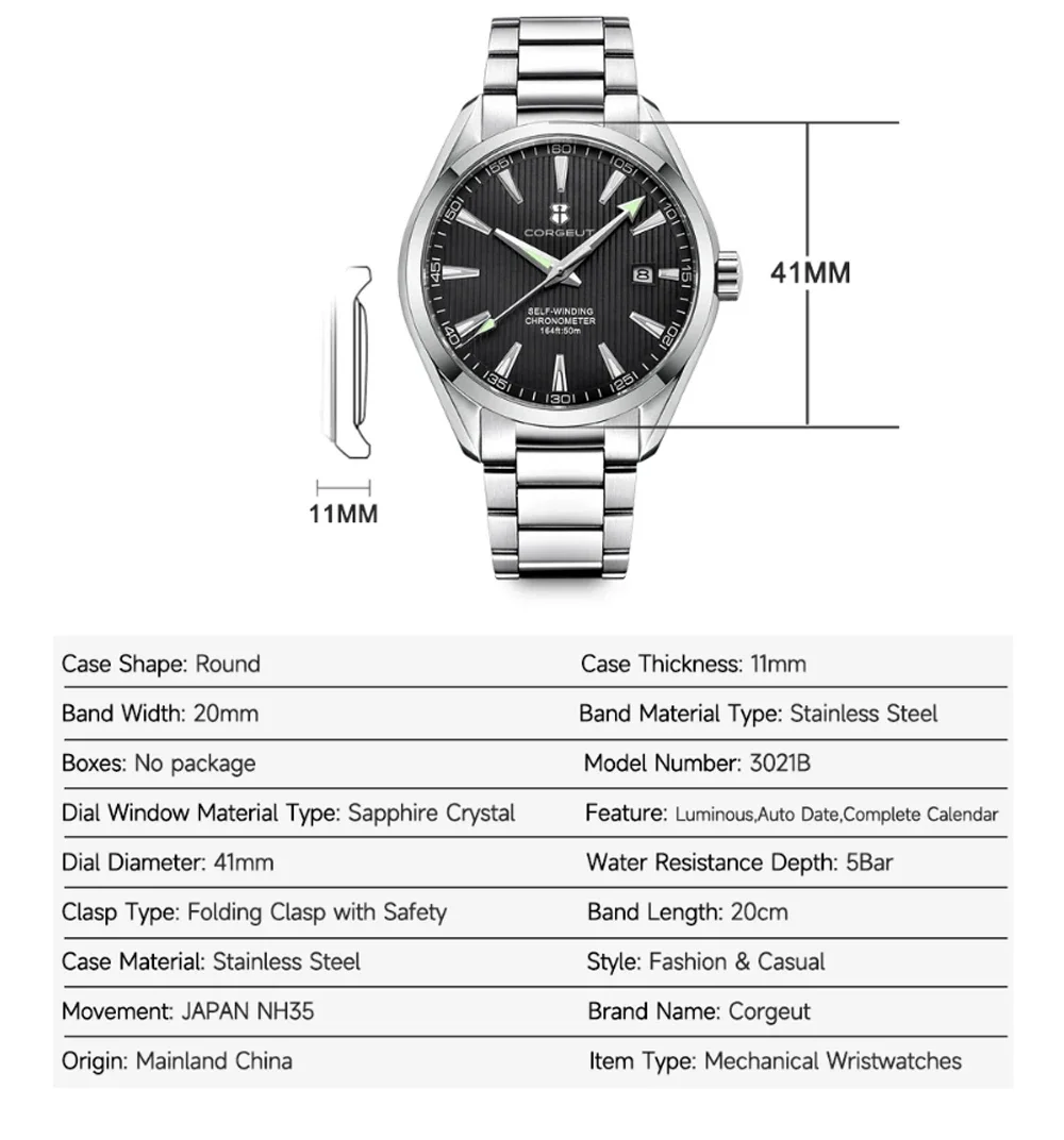 Luxury NH35 Movt Custom Logo 41mm Man Sport Automatic Relogio Masculino Mechanical Wristwatch Sapphire Steel Band Men's Watch